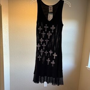 Vocal Black Mini Dress with Silver Cross Details